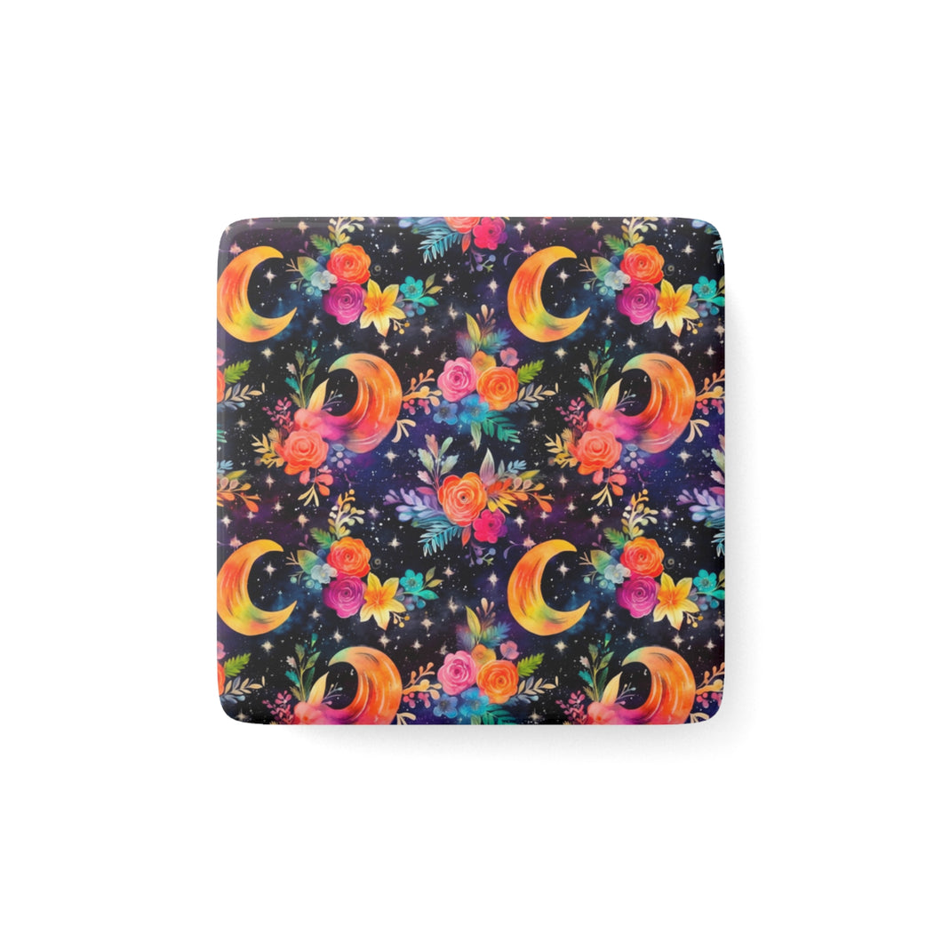 Porcelain Magnet - Square - Rainbow Floral Moon