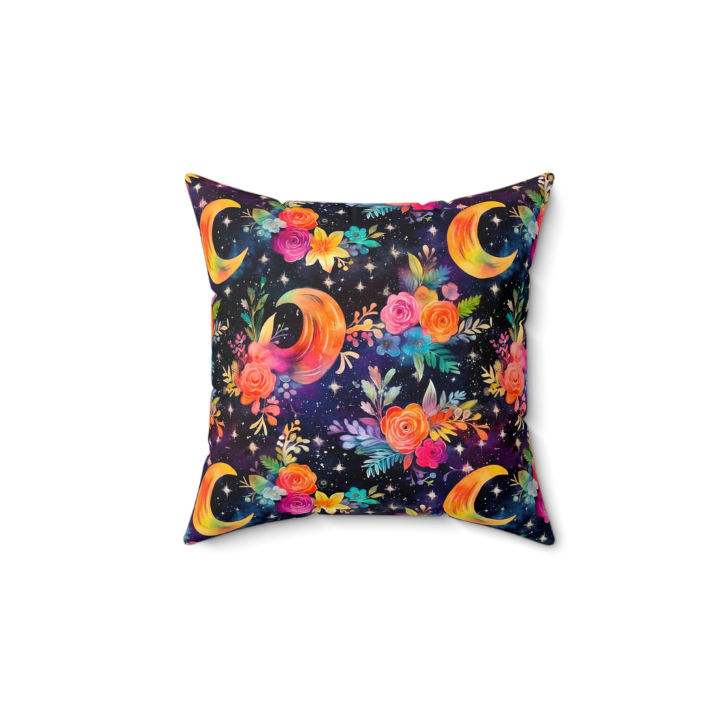 Decorative Throw Pillow - Neon Floral Moon