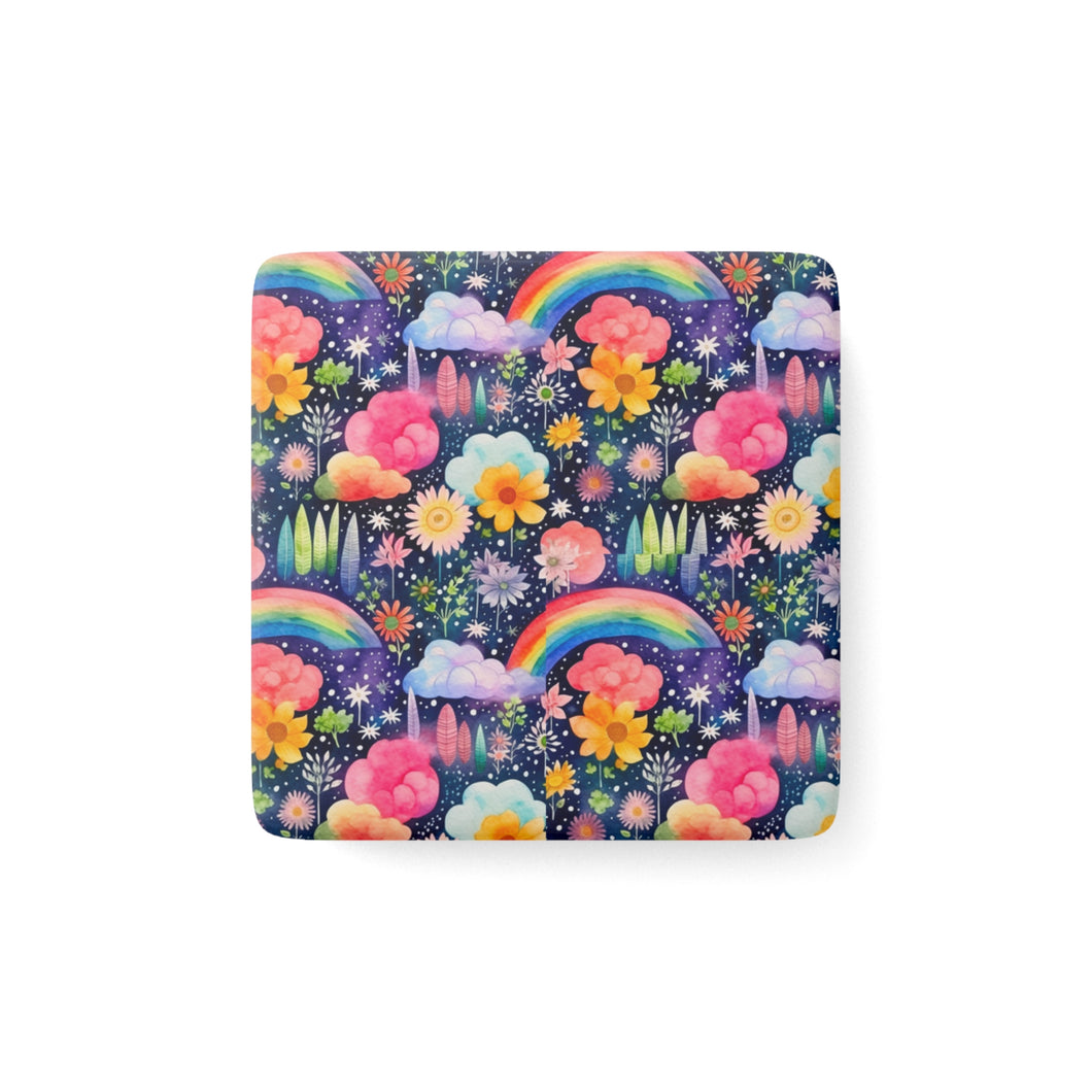 Porcelain Magnet - Square - Floral Rainbow Feathers