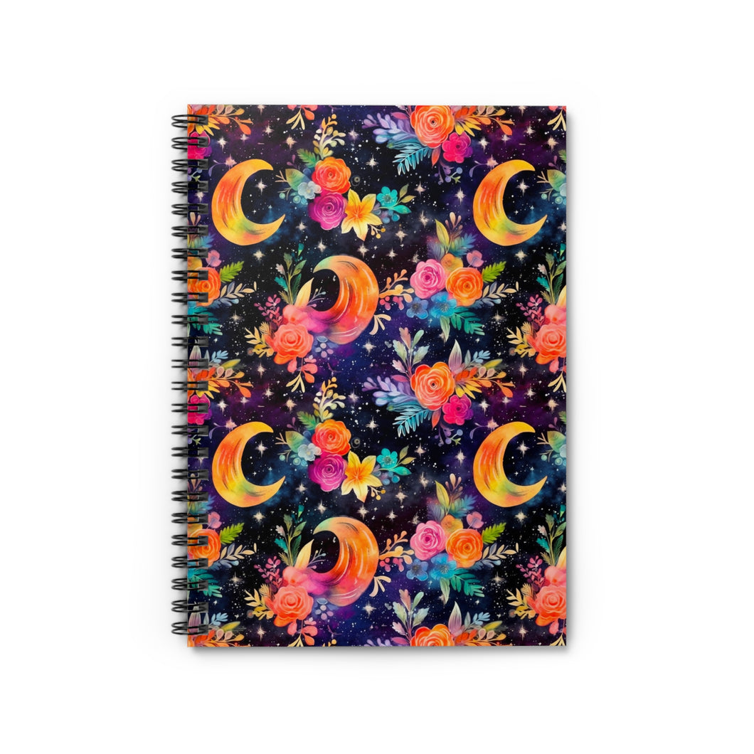 Ruled Spiral Notebook - Rainbow Floral Moon