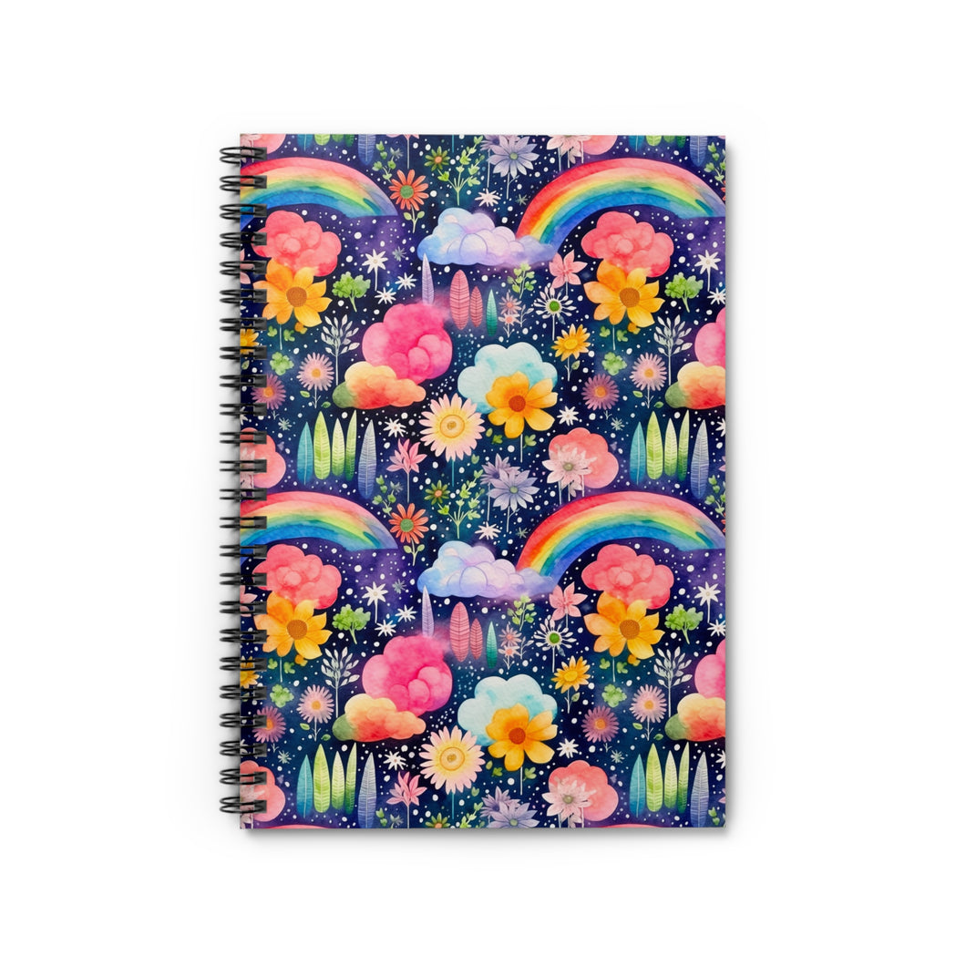 Ruled Spiral Notebook - Floral Rainbow Feathers