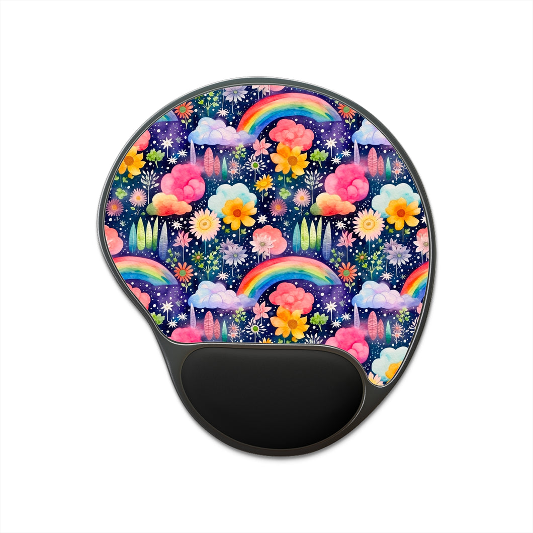 Mouse Pad With Wrist Rest - Floral Rainbow Feathers