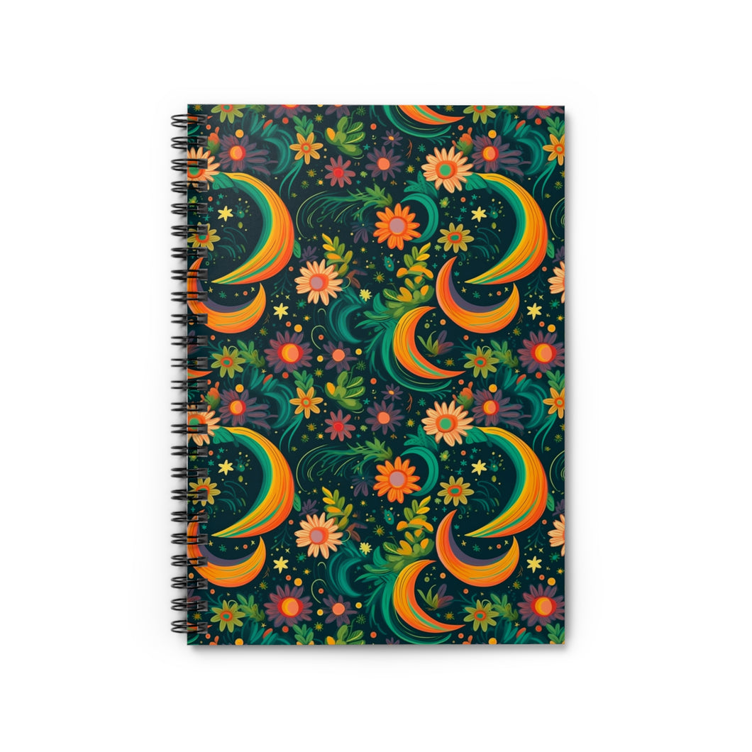 Ruled Spiral Notebook - Green Floral Moons